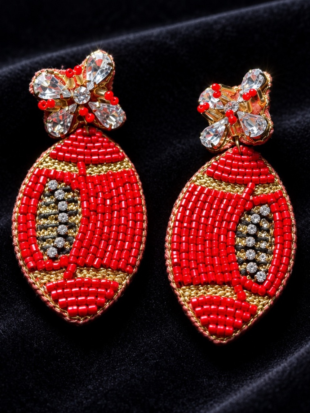 Handcrafted Red Beaded Drop Earrings with Crystal Flower Accent